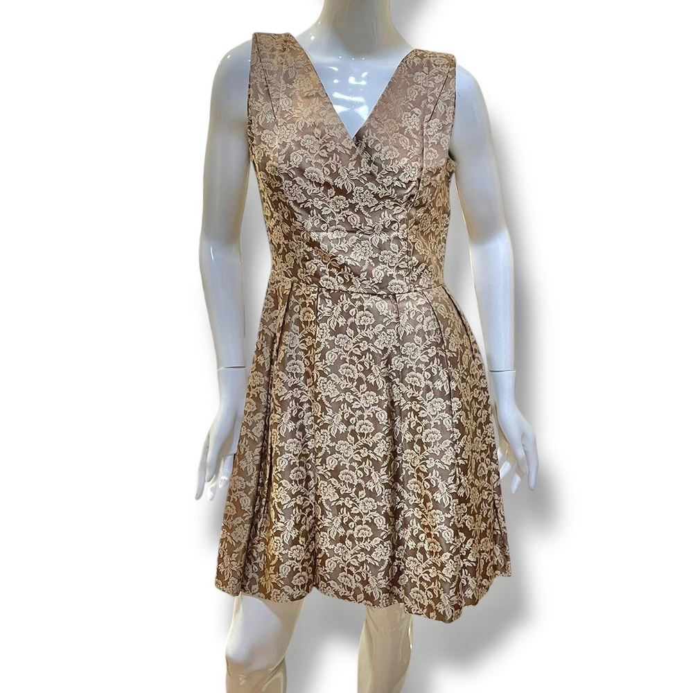 Vintage 1960s Floral Brocade V Neck Asian Brown Gold Mini Dress Medium
